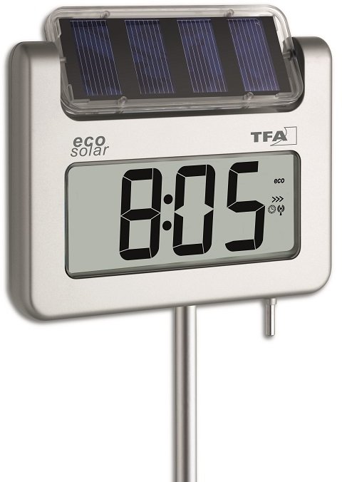 T-30.2030.54 Thermomtre GEANT et solaire de jardin avec heure DCF77, mini maxi et rtro-clairage TFA